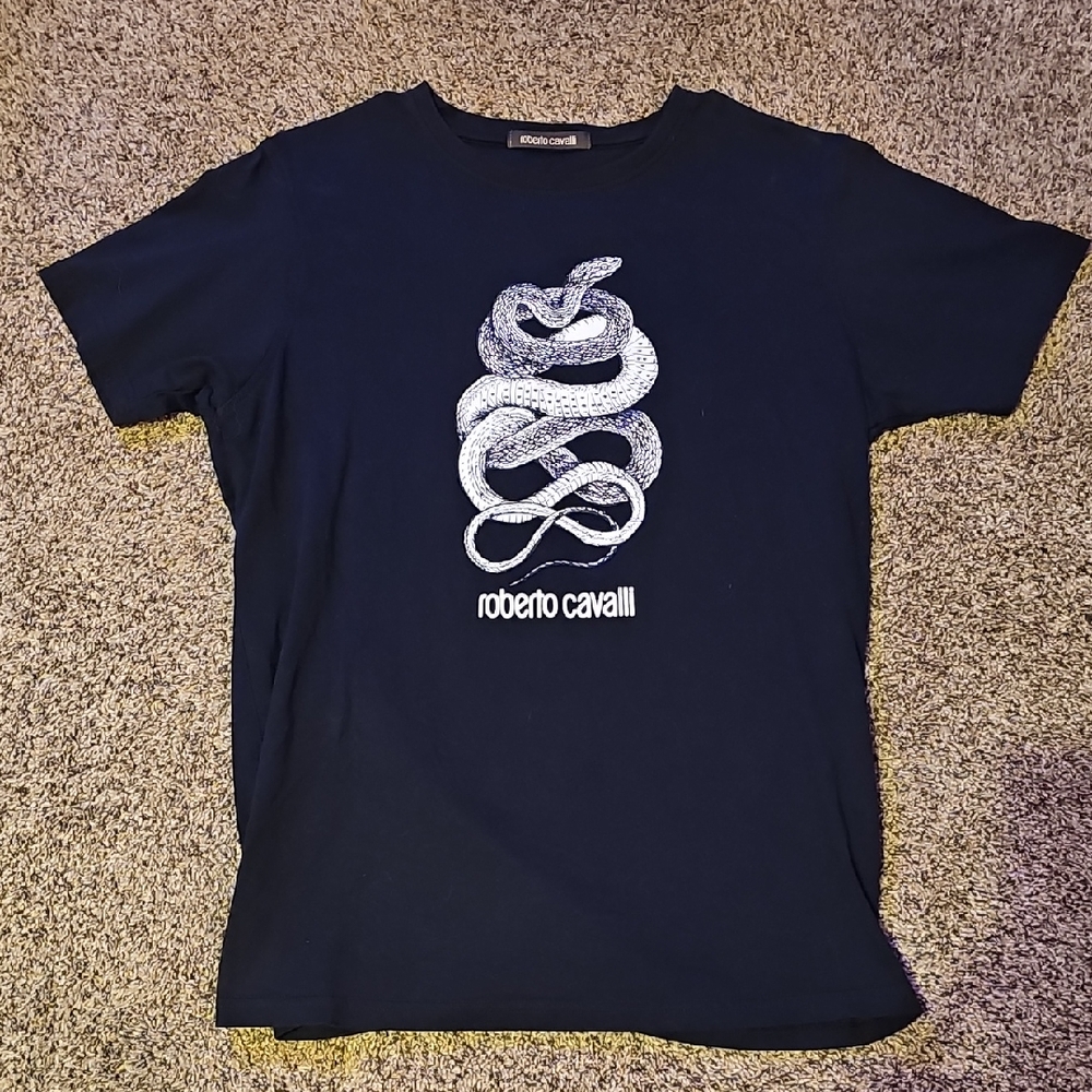 Roberto Cavalli Dark Blue Tee with Snake Motif